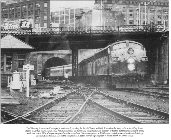 View of UD (South Portal) "tower" and single-slip switch circa 1969, located at north end of King Street Station, Seattle, WA.  From GNRHS Reference Sheet 281 (available at gnrhs.org)
