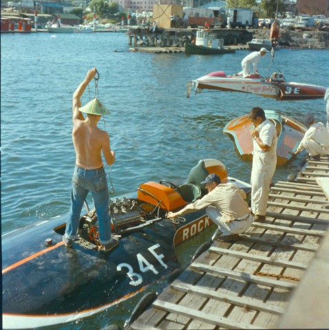 Rocky 34F a 1956 Ted Jones designed Ron Jones Sr. built 266 F class Limited Hydroplane which raced in the Northwest. Rocky wears an Indian Headdress on the Omaha Orange cowling. Seat is Pullman Green naugahyde. Photos courtesy Don Malidore.