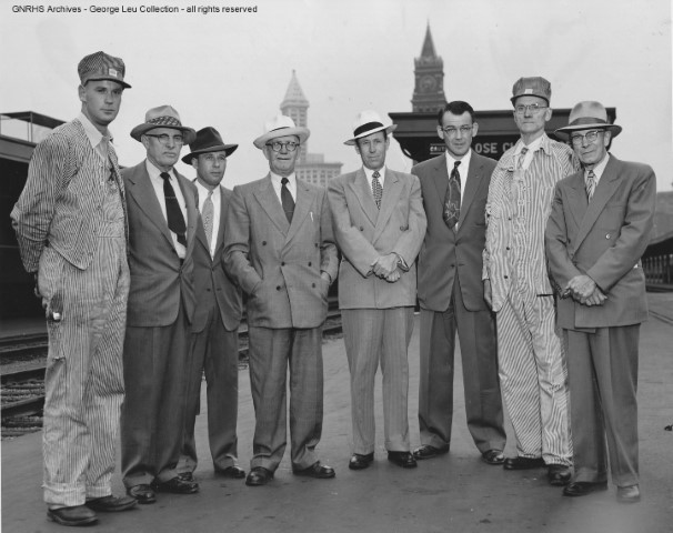 Al's last run. L-R: Bill Strandrud, Fireman; Frank Crutchley, Road Foreman; Dick Tanguay, Trainmaster; Bill Lowney, Master Mechanic; Reggie Whitman, Supt; George Leu - Local Chmn BofLE; Al Strandrud, Engineer; Lee Barnes, Trainmaster.