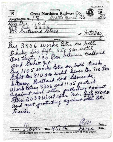 Cascade Division train order from 1936, authorizing two work extras on the mainline between Ballard and Everett, including daily local "The Oiler". Dave Sprau collection.