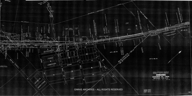 GN plat map for Edmonds, WA, "railroad east" end including depot area, circa 1944. Very large file - 18.5 Mb.