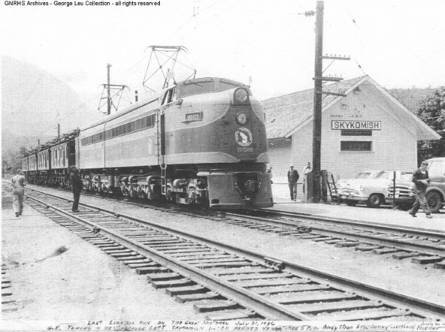 Last electric run on the GN, July 31, 1956, eastward from Skykomish to Wenatchee, WA. Andy Strom, engineer, Ted Cleveland, fireman. GNRHS Archives, George Leu Collection.