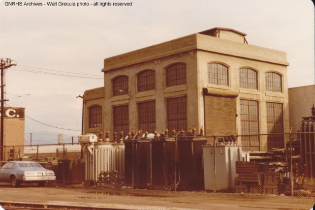1978 photo of the GN substation in downtown Wenatchee, originally built to serve the Wenatchee-Skykomish electrified district from 1929 to 1956.  Photo by GNRHS member Walt Grecula.
