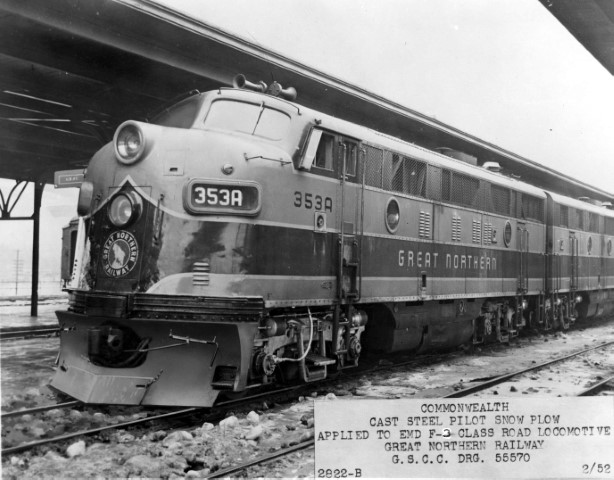 The plow design was being proffered to the Bangor and Aroostook RR, and Commonwealth had applied their product to a GNRR F3A as a demonstration.  Credit:  Collection of New England Steam Corp.

www.newenglandsteam.org