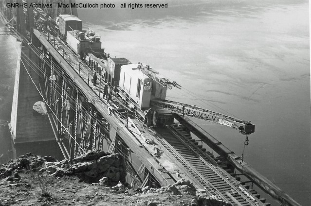 Photo by Mac McCulloch of 1968 repairs to Rock Island bridge across Columbia River south (railroad east) of Wenatchee, WA