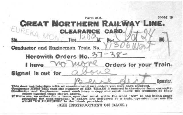 Courtesy Doug Wingfield of Lethbridge, AB: "I received these from the operator at Eureka in 1967 or 68 when he was cleaning out the attic in the station in anticipation of the main line through Eureka being closed [due to the new Flathead Tunnel]"