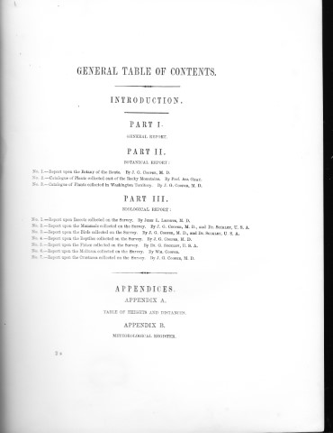 Table of Contents of Isaac Stevens 1855 report to Congress on Explorations For A Route For a Pacific Railroad.  Full book will be available to researchers at PNRA, Burien, WA