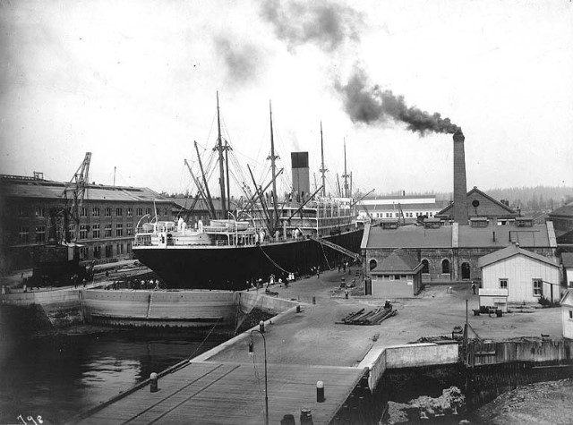 Great Northern steamship "Dakota" in dry dock at the Puget Sound Naval Shipyard, Bremerton, WA in August 1905. UW Special Collections.